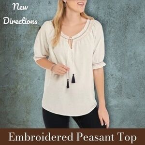 NWT NEW DIRECTIONS Woven Cotton Breezy Embroidered Puff Sleeve Peasant Top/LG